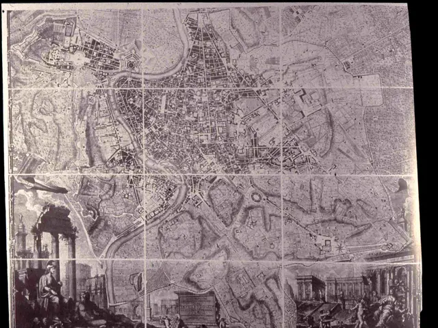 The image shows a black and white map of the city of London, with a few people, buildings, and...