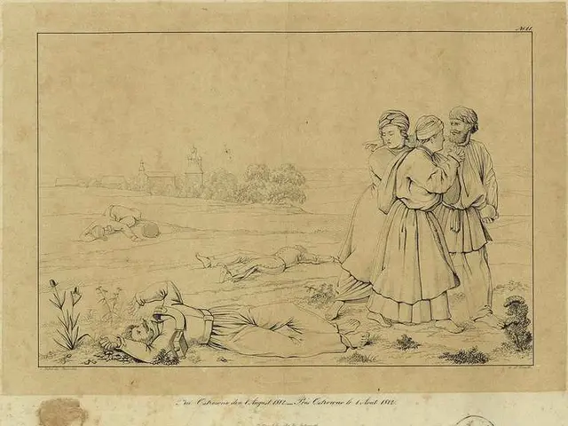 The image shows a drawing of a group of people standing around a man laying on the ground,...