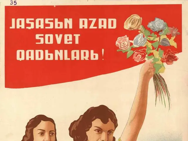 The image shows a Soviet propaganda poster for the Soviet Union, featuring a woman holding a...