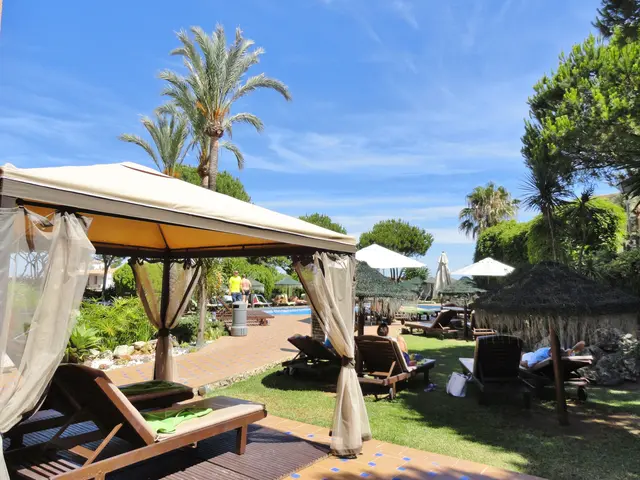 The image shows a group of lounge chairs and umbrellas sitting on top of a lush green field...