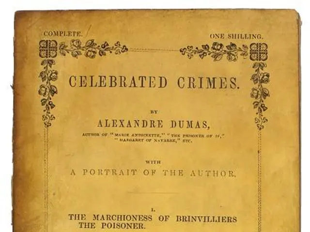 The image shows an old book with the title "Celebrated Crimes" by Alexandre Dumas, a portrait of...
