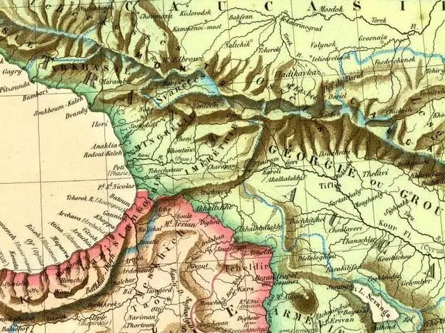 The image shows an old map of the Caucasus region of Georgia, with the Caucasus Mountains in the...