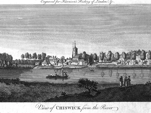 The image shows a view of Chiswick from the River Thames, with a boat on the water, people standing...