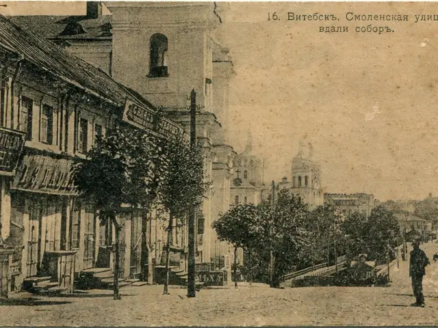 The image shows an old photo of a city street with buildings, trees, poles, people, and the sky. At...