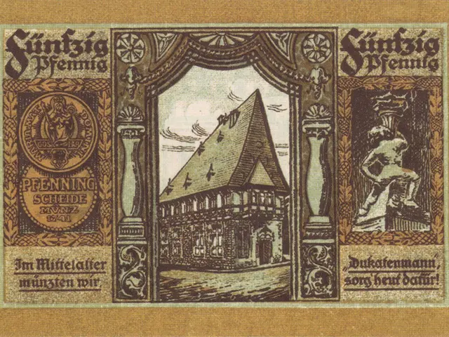 The image shows an old German banknote with a picture of a building on it. The building is depicted...