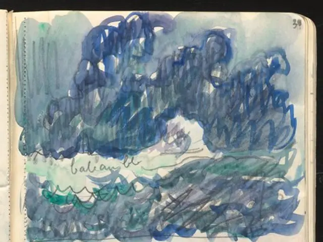 The image shows an open book with a drawing of a stormy sky on it. The sky is filled with dark,...