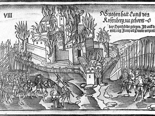 The image shows a black and white drawing of a medieval scene with a castle in the background,...