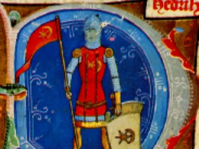 The image shows an illuminated manuscript depicting a knight in full armor, holding a sword and...
