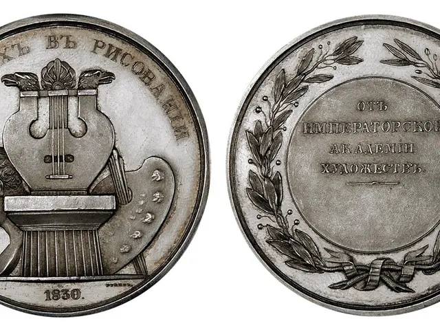 The image shows a silver medal with a woman playing a violin on it. The medal is round in shape and...