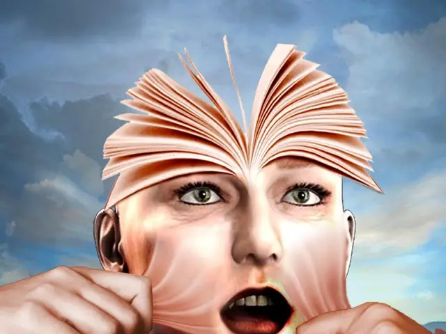 The image shows a woman with a book on her head, her hands covering her face. In the background,...