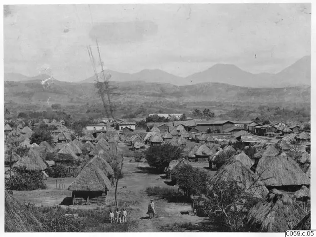 The image shows a black and white photo of a small village with huts, trees, people, and mountains...