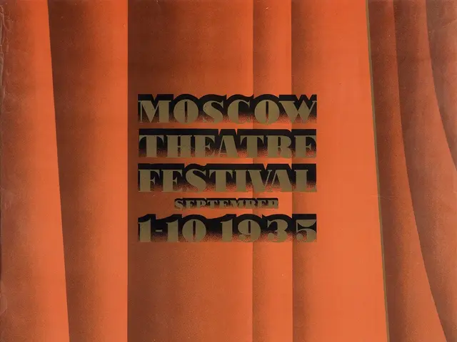 The image shows a poster for the Moscow Theatre Festival in 1935, featuring a person standing in...