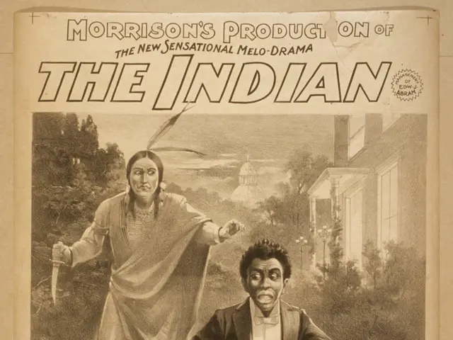 The image shows a poster of a man and a woman standing in front of a building with trees in the...