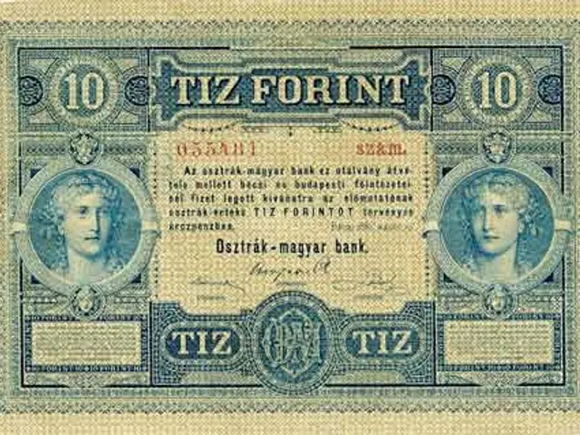 The image shows an old 10 forint banknote from Hungary with a picture of a woman on it. The note is...