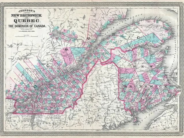 The image shows an old map of the city of New Brunswick, Quebec, with the dominion of Canada...