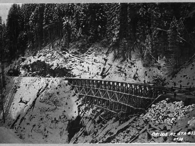 The image shows a black and white photo of a bridge over a river, with trees in the background and...