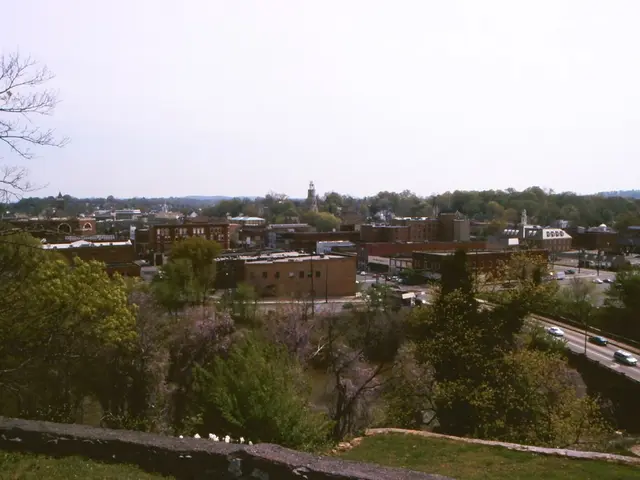 This is a picture of a city, where there are buildings, trees, poles, roads, vehicles , sky.