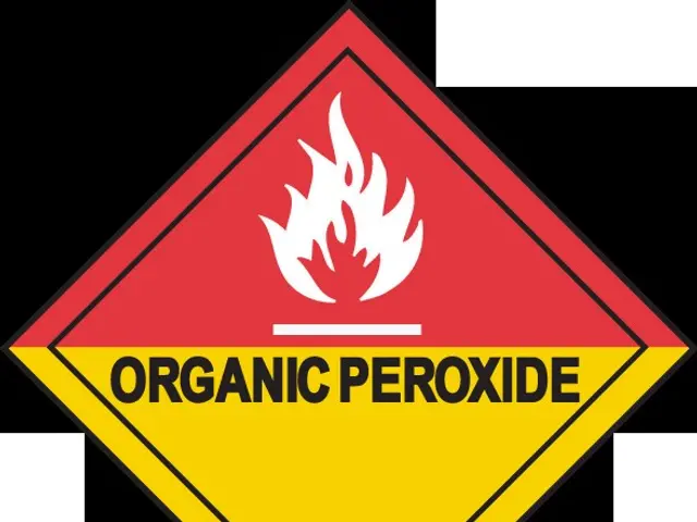The image shows a red and yellow sign with the words "Organic Peroxide 5.2" written on it,...