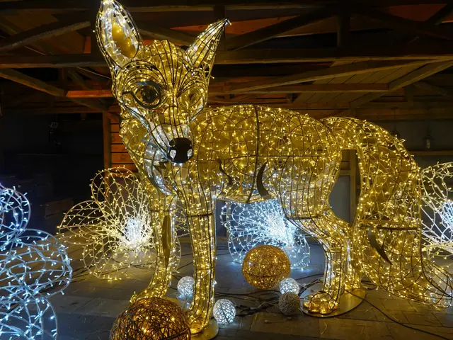 The image shows a large lighted fox statue in the middle of a room, surrounded by decorative lights...