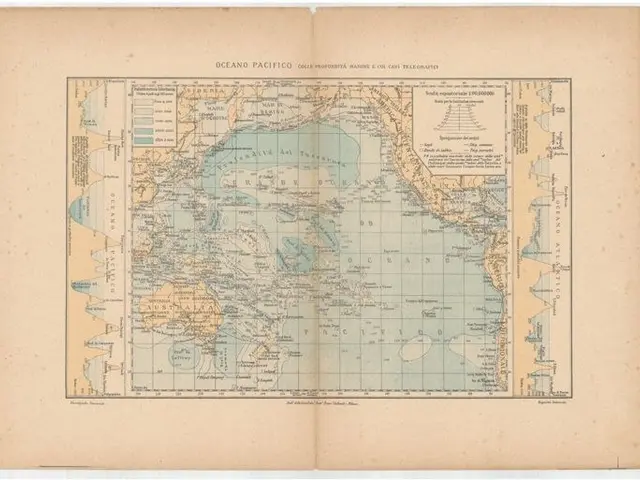 The image shows an old book with a map of the Pacific Ocean on it. The map is detailed and shows...