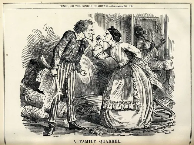 The image shows a family quarrel, with a man and a woman standing in the center of the paper. The...
