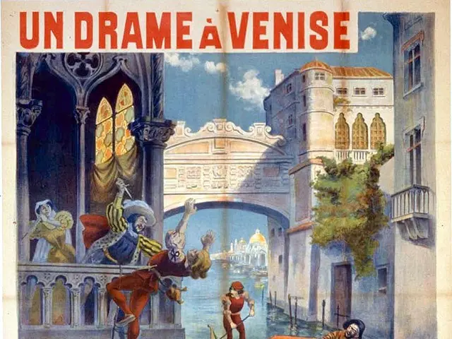 The image shows a poster advertising a movie in Venice, Italy. It features a few people in a boat...