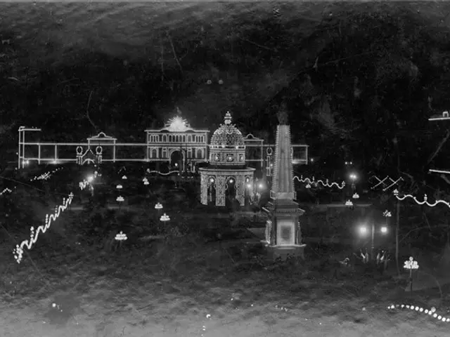 The image shows a black and white photo of a city at night, illuminated by street lights. In the...