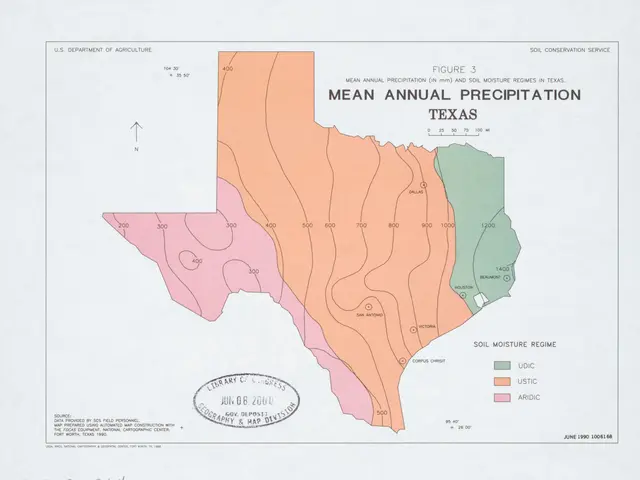 The image shows a map of the state of Texas with different colors representing the mean annual...