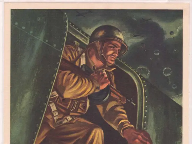 The image shows a poster with a person wearing a helmet and holding a gun, with the words "Invest...