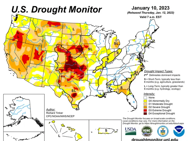 The image shows a poster with a map of the United States, displaying the drought monitor for...