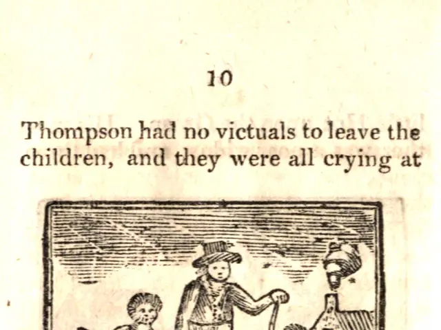 The image shows a paper with a drawing of a man and two children, with the text "Thompson had no...