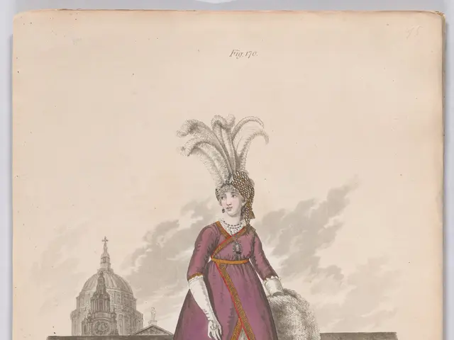 The image shows a woman in a purple and white dress with feathers on her head, standing in front of...