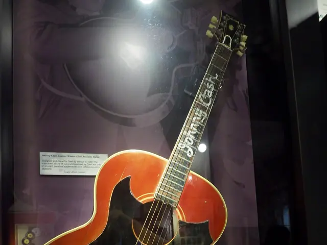 The image shows an acoustic guitar in a glass case on display in a museum. The guitar is brown and...