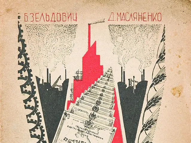 The image shows an old book with a picture of a city on it, which is a Soviet propaganda poster...
