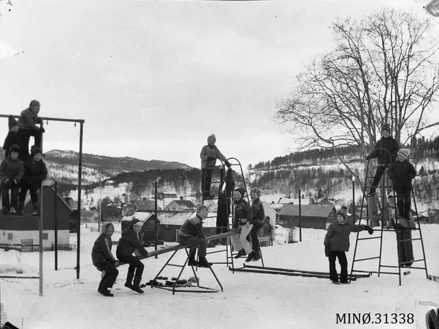 The image shows a group of children playing on a playground in the snow. There are ladders, poles,...
