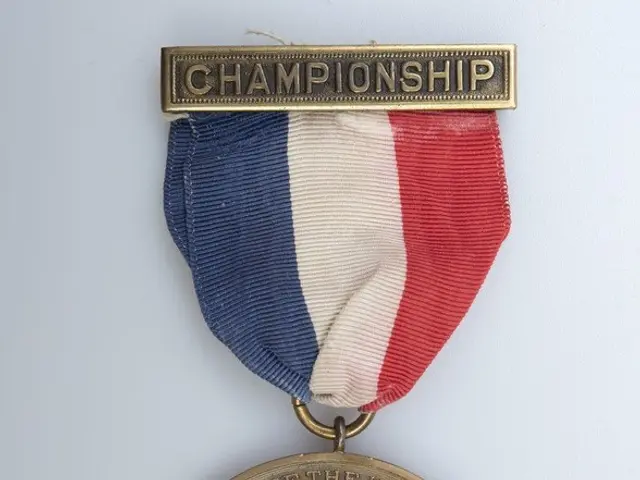 The image shows a gold medal with a red, white and blue ribbon attached to it. The medal is...