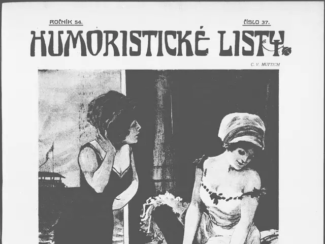 The image shows a black and white poster of two women, one sitting on a chair and the other...