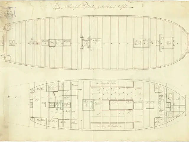 The image shows a drawing of a boat with a lot of details on it, including a plan of the ship's...