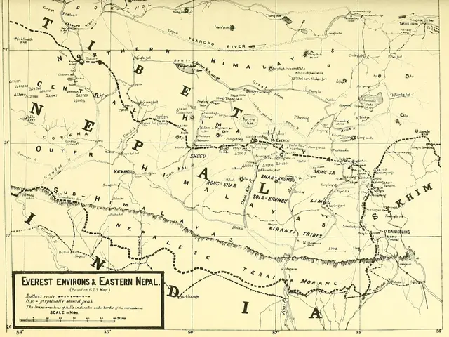 The image shows an old map of the Everest Environs and Eastern Nepal, with text written on it. The...