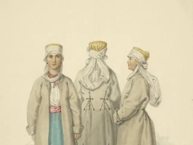 The image shows three women in traditional Russian clothing standing next to each other. They are...