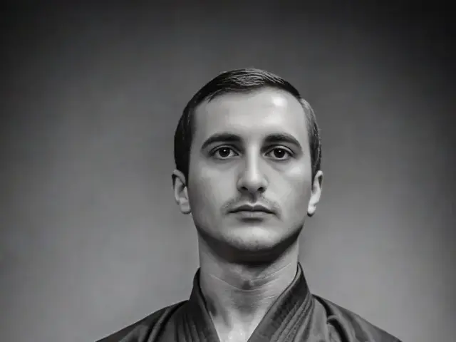 The image shows a man in a black karate kimono standing in front of a gray background. He is...