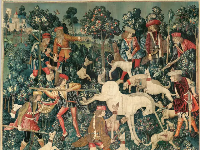 The image shows a tapestry depicting a scene from a medieval manuscript, depicting people, animals,...