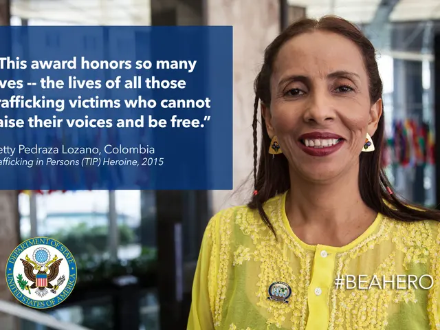 The image shows a woman in a yellow dress smiling at the camera, with a logo and text on the left...