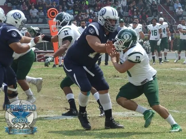 The image shows a group of men playing a game of football on a grassy field. They are wearing...