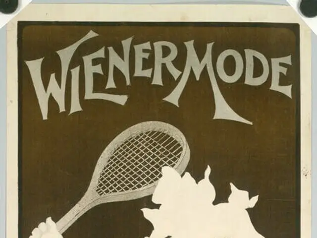 The image shows a poster advertising a tennis tournament in the 1920s, featuring a woman holding a...