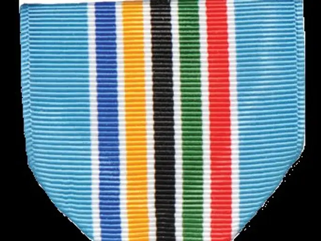 The image shows a gold medal with a cross on it, surrounded by a variety of colorful ribbons. The...