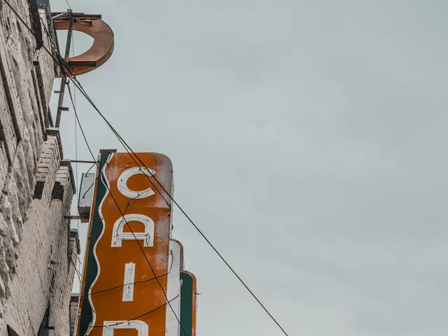 The image shows a building with a neon sign hanging from the side of it. The sign reads "Canis...