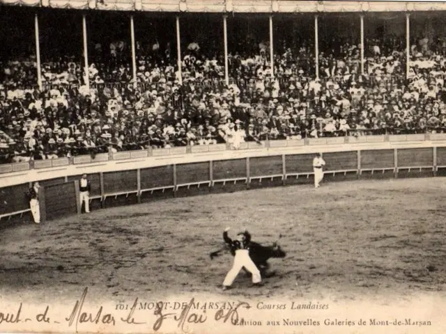 The image shows an old black and white photo of a baseball game being played in a stadium, with a...