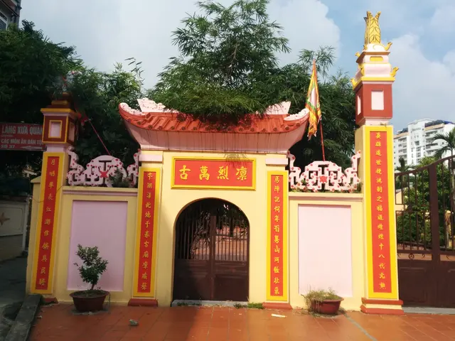 The image shows the entrance to a Chinese temple in Ho Chi Minh City, Vietnam. It is an arch with a...
