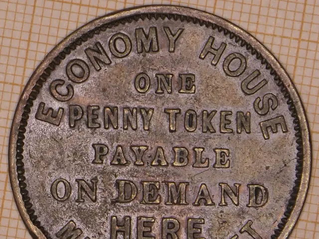 The image shows a coin with the words "Economy House One Penny Token Payable on Demand Here"...